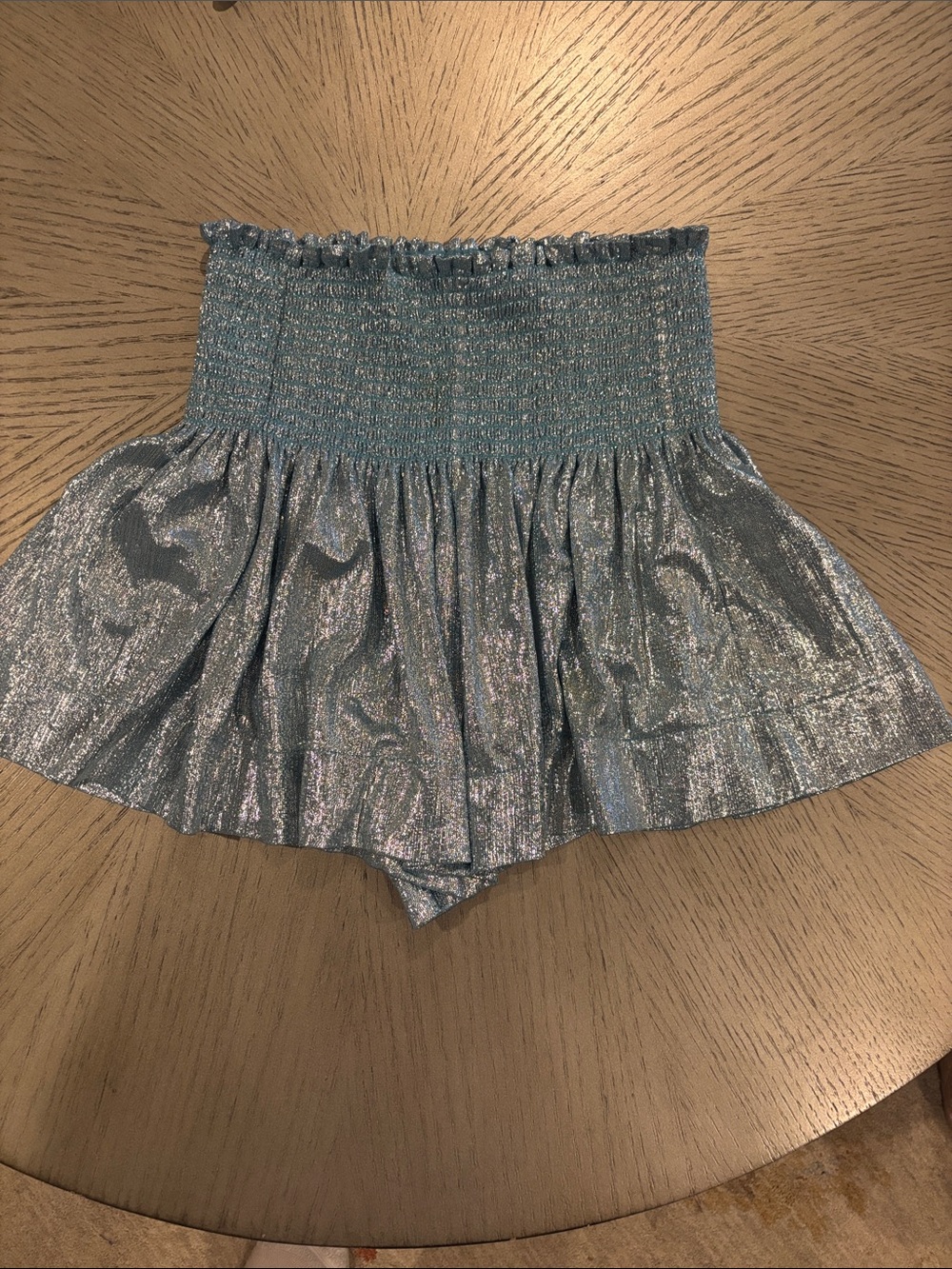 QUEEN OF SPARKLES Metallic Light Blue Smocked Waist Skort